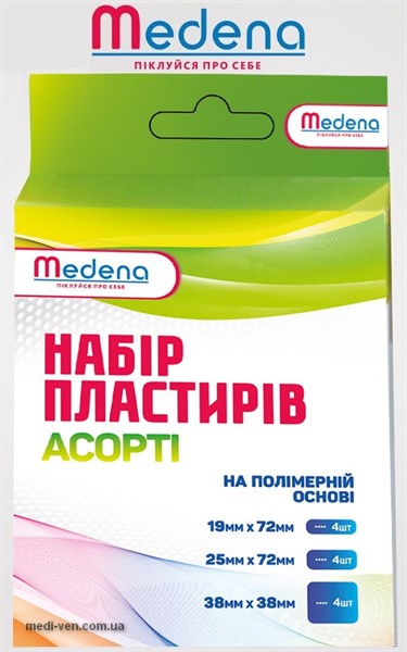 Набор бактерицидных пластырей Medena на полимерной основе 12 шт разные размеры